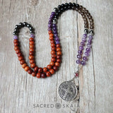Crystals for addiction included in the Addiction Recovery Mala are amethyst, lepidolite, smoky quartz, black obsidian, hematite and rosewood.