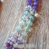 Closeup of crystals for anxiety in the Emotional Freedom Mala by Sacred Skaia are amethyst, fluorite, clear quartz and labradorite or sandalwood. Also for use with EFT healing.