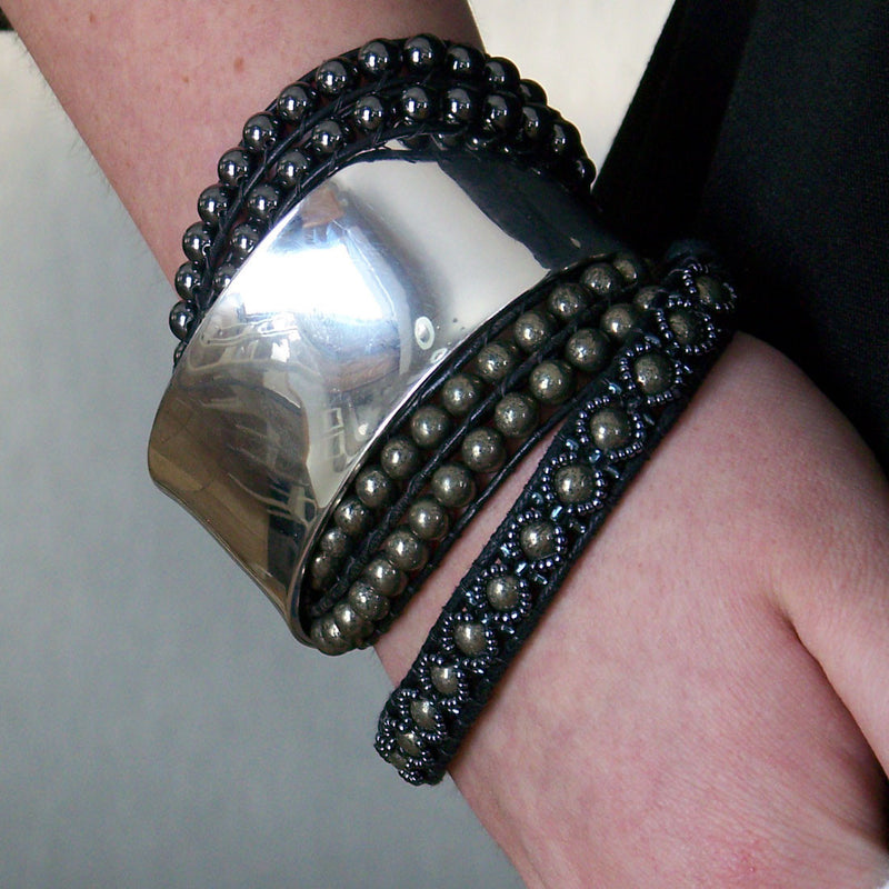 Olivia Double Wrap Leather Bracelet with Pyrite - Sacred Skaia