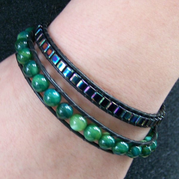 Avery Double Wrap Leather Bracelet with Green Shell and Aurora Borealis Beads - Sacred Skaia
