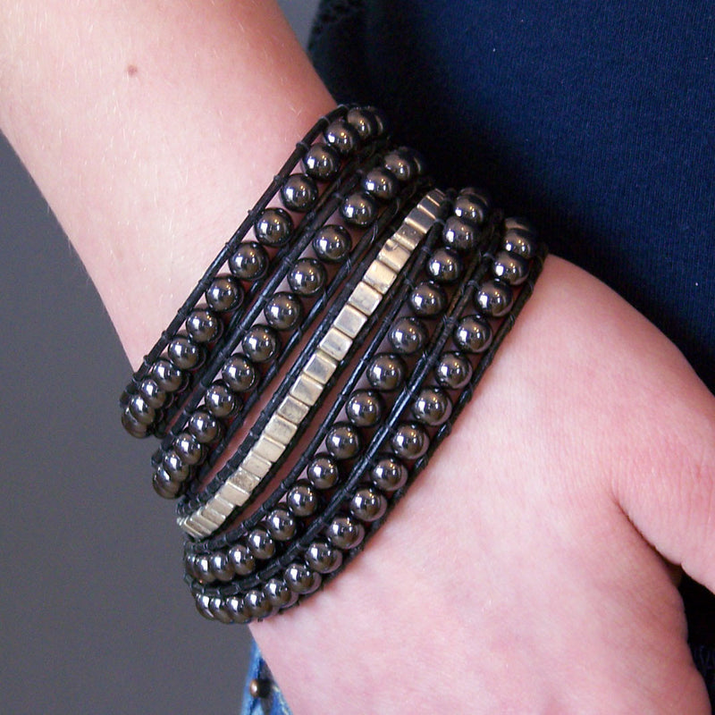 Rhiannon Five Wrap Leather Bracelet with Hematite and Silver - Sacred Skaia