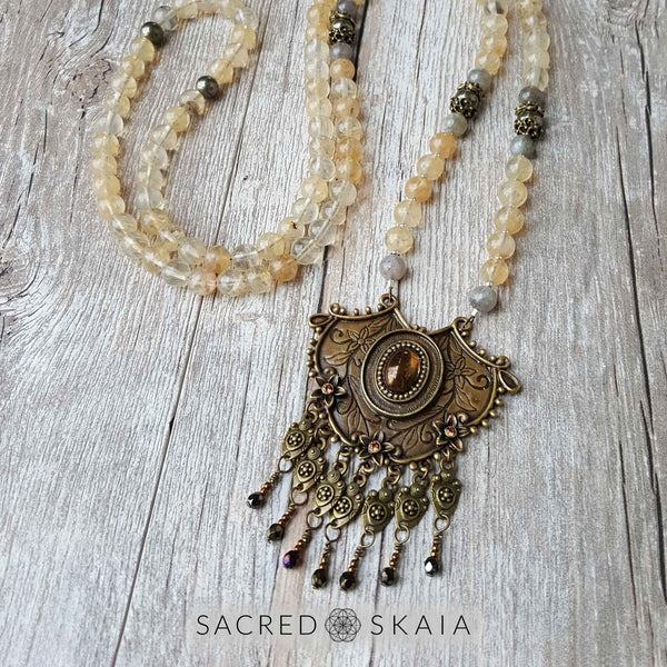 Citrine, pyrite and labradorite are the abundance manifesting crystals used in the Abundant Success Mala from Sacred Skaia.