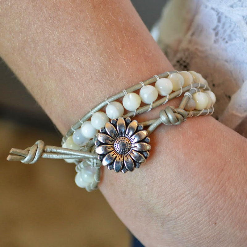 Olivia Double Wrap Leather Bracelet with Mother of Pearl - Sacred Skaia